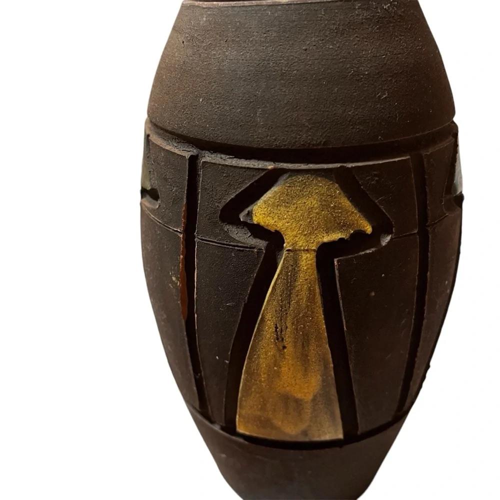 Italian Vase 7 Inches Tall Matte Gray Brownish Pottery Etched Handpainted Design